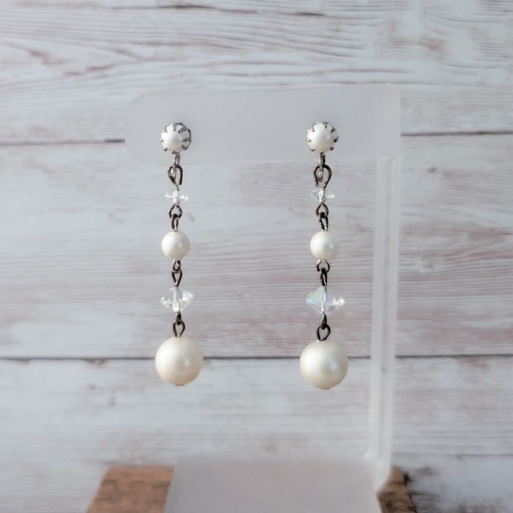Vintage Screw On Earrings Faux Pearl & Clear Bead Dangle Extra Long 2.25"